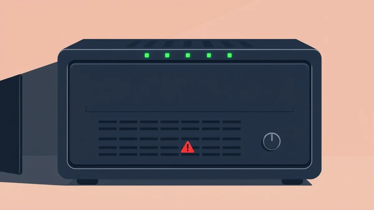 Illustration: A sleek black network appliance sits on a gray desk with its front panel facing forward.