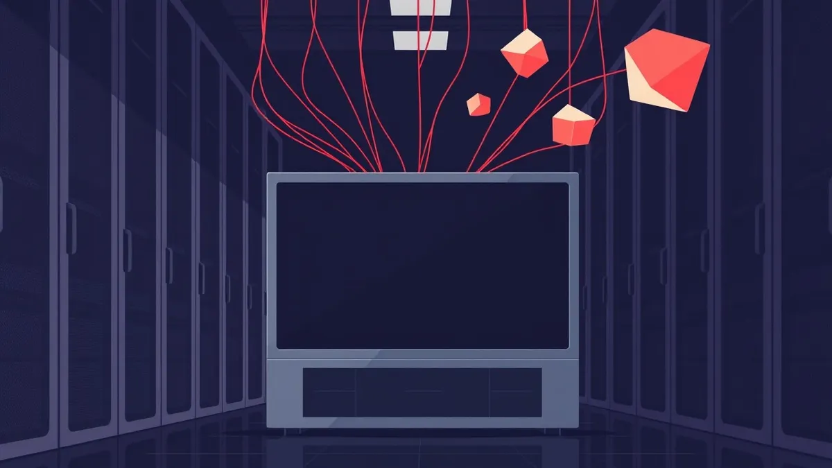Illustration: A sleek metal server rack sits in a dimly lit data center, its front panel covered by a smooth, blank black screen.