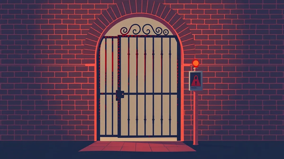 Illustration: A rusted iron gate hangs slightly ajar in a brick wall, revealing a dimly lit, empty interior beyond.