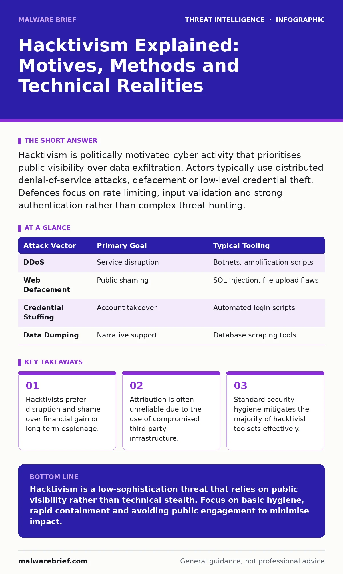 Infographic: Hacktivism Explained: Motives, Methods and Technical Realities. Hacktivists prefer disruption and shame over financial gain or long-term espionage. Attribution is often unreliable due to the use of compromised third-party infrastructure. Standard security hygiene mitigates the majority