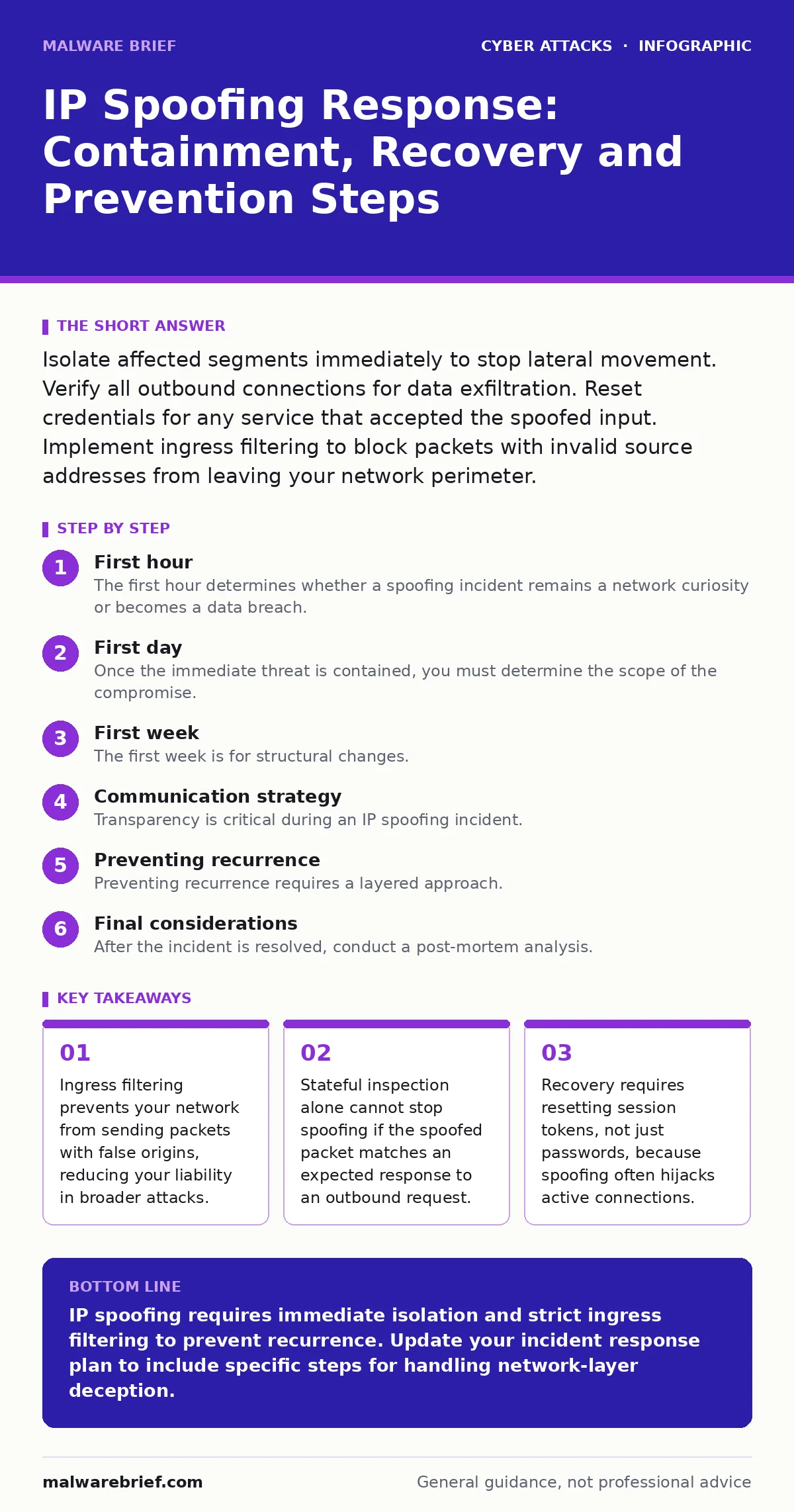 Infographic: IP Spoofing Response: Containment, Recovery and Prevention Steps. Ingress filtering prevents your network from sending packets with false origins, reducing your liability in broader attacks. Stateful inspection alone cannot stop spoofing if the spoofed packet matches an expected respons