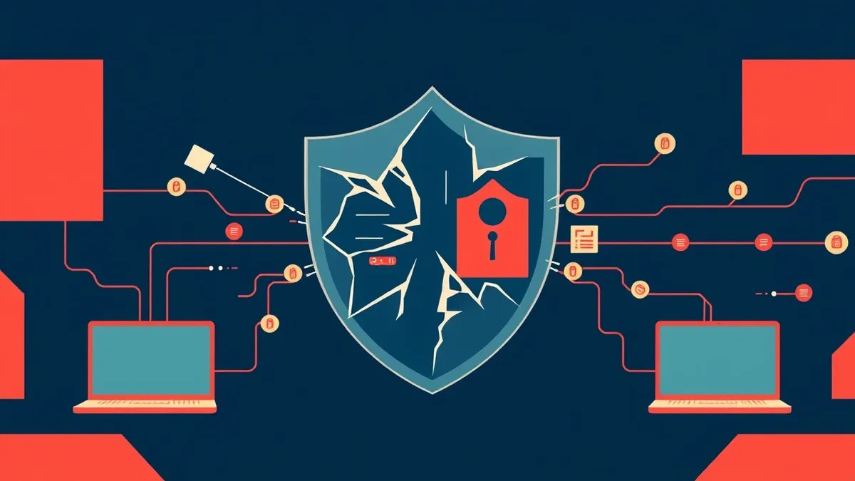 Illustration: A transparent network perimeter shield develops jagged cracks as distorted data packets slip through the gaps.