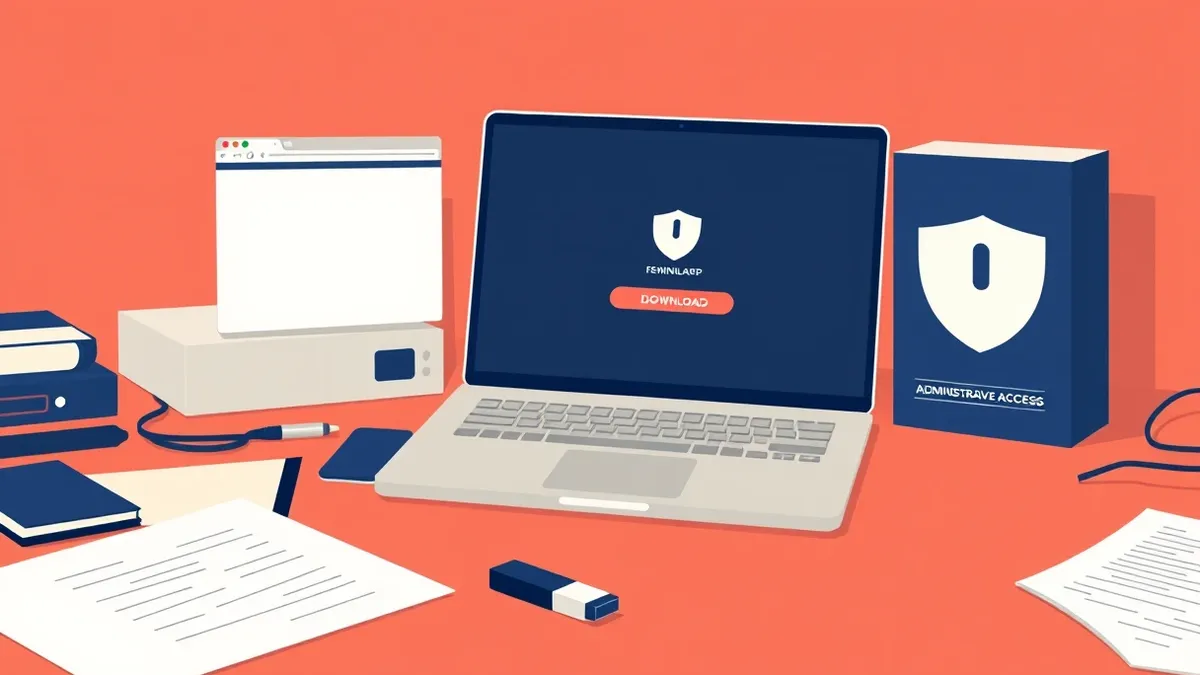 Illustration: A sleek laptop rests on a cluttered office desk, displaying a blank browser window with a prominent download button.