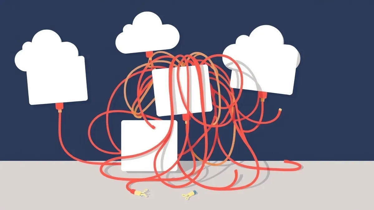 Illustration: A tangled knot of colorful cables connects several blank white boxes representing cloud services.