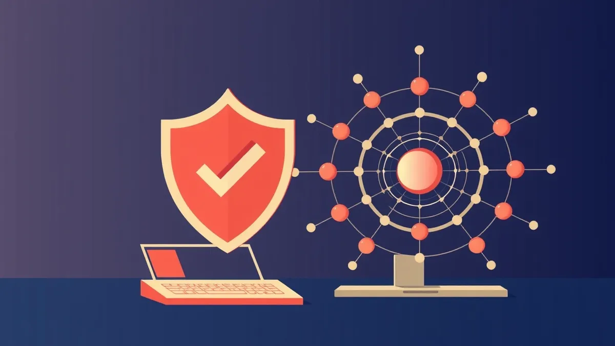 Illustration: A classic antivirus shield with a simple checkmark sits beside a complex, multi-layered sensor array that actively tracks erratic digital particles.