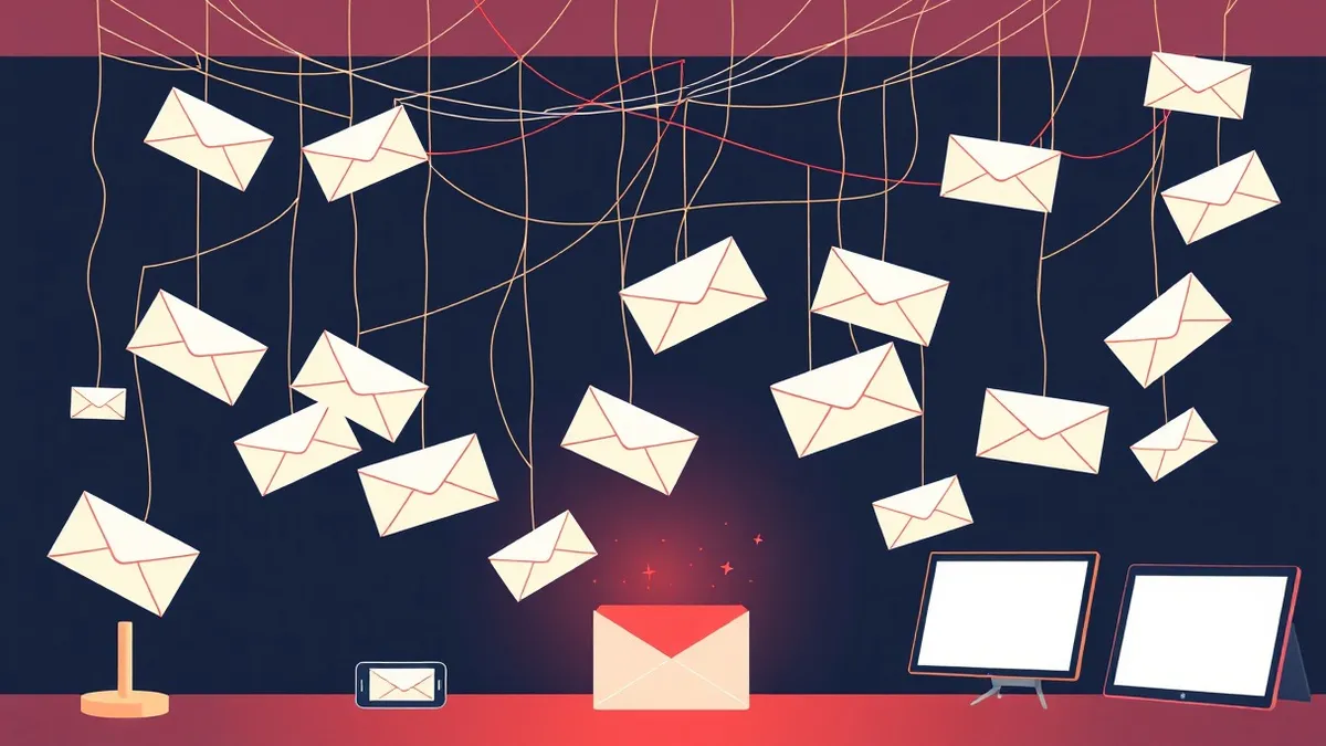 Illustration: A tangled web of invisible threads stretches across a dark room, catching glowing paper envelopes mid-air.