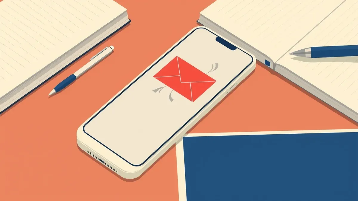 Illustration: A sleek white smartphone rests on a wooden desk beside a pen and a blank notebook.