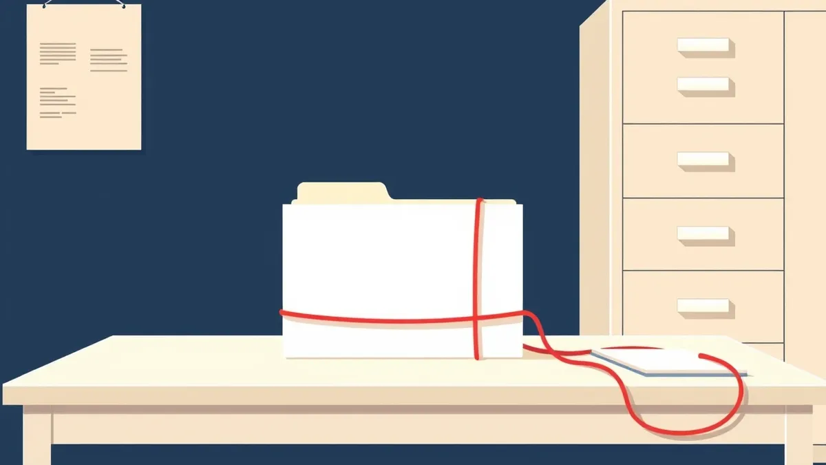 Illustration: A single white medical file rests on a sterile hospital desk.