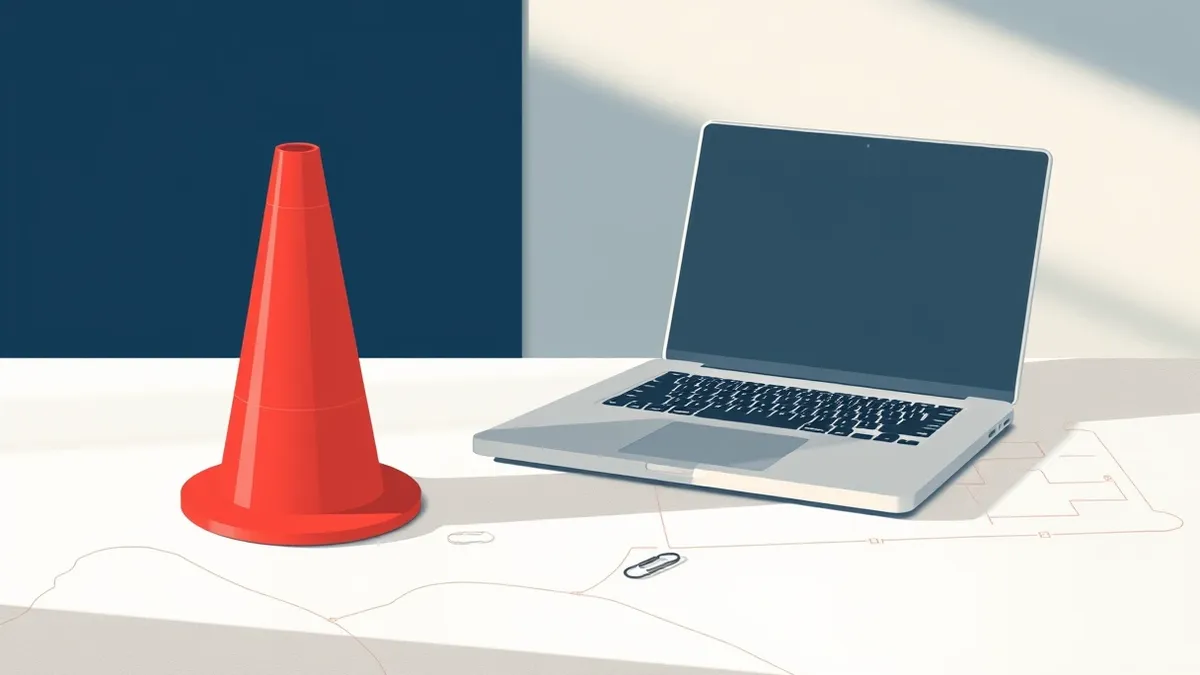 Illustration: A white blueprint table holds a sleek silver laptop with a blank screen.