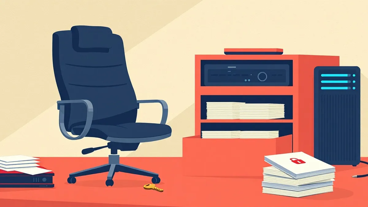 Illustration: A solitary, battered office chair sits empty beside a cluttered desk where a single physical key rests next to an unlocked metal drawer.