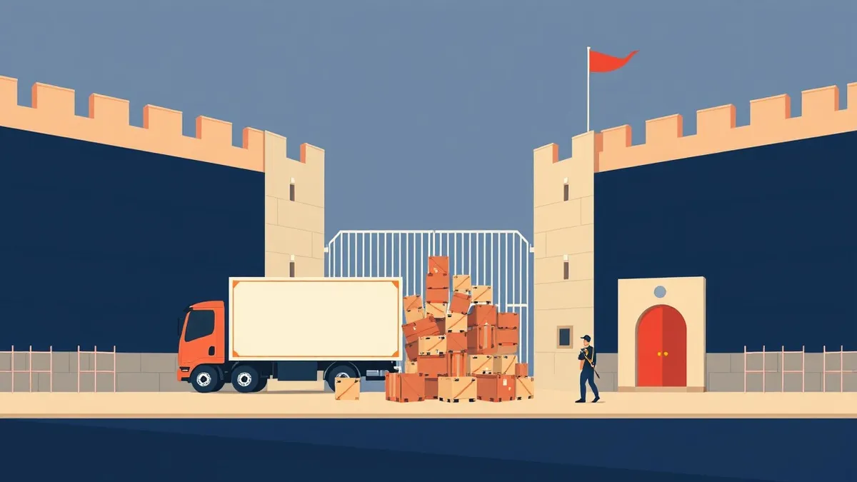 Illustration: A sturdy fortress wall stands intact while a delivery truck backs through a side gate, spilling unsecured crates onto the inner courtyard.