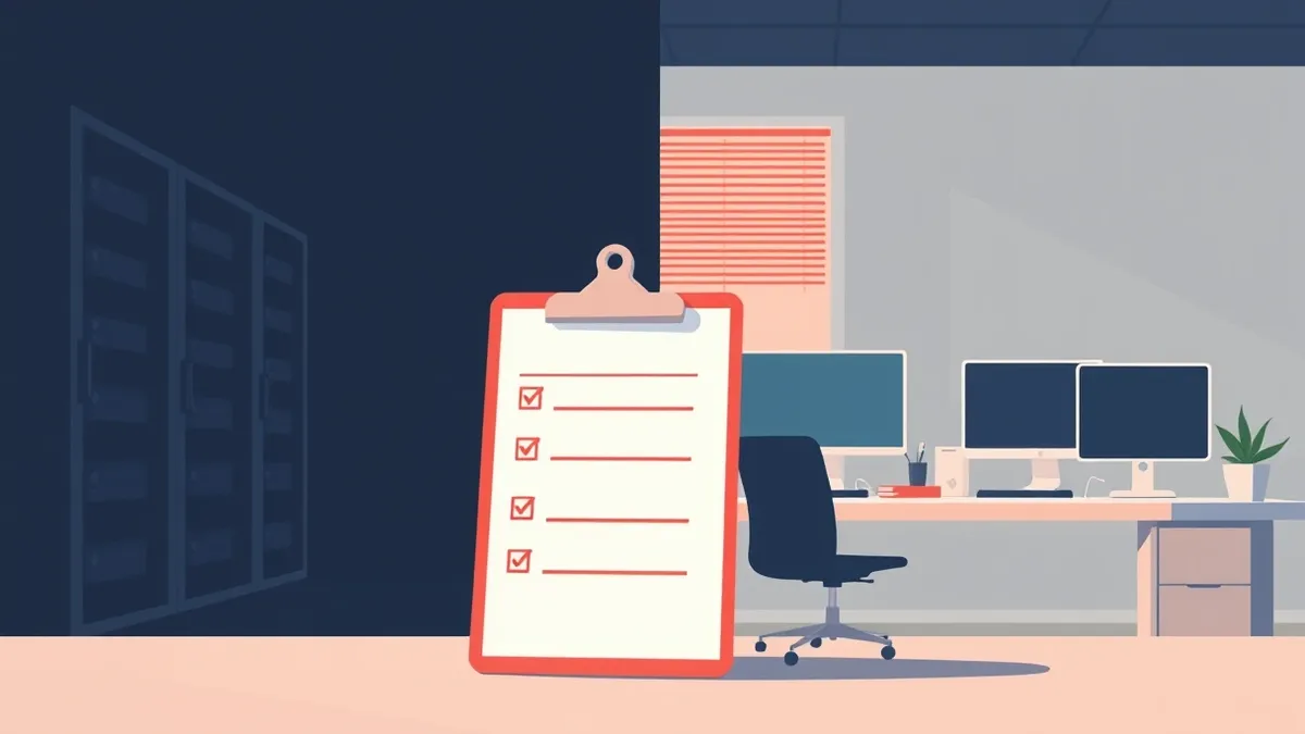 Illustration: A stark contrast scene shows a dark, silent office server room on the left, while on the right a bright workspace hums with activity.