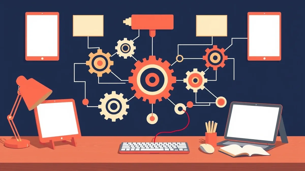 Illustration: A complex flowchart of interconnected gears and levers sits on a wooden desk.