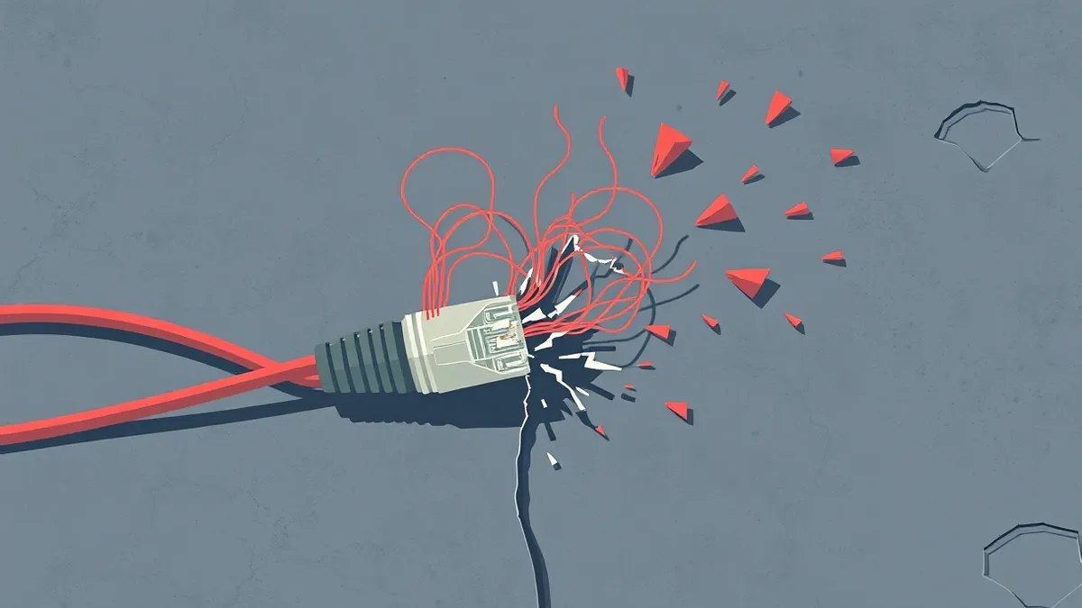 Illustration: A tangled knot of red digital threads bursts from a cracked, transparent network cable lying on a gray concrete floor.