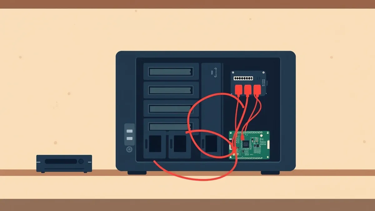 Illustration: A sleek network attached storage device sits on a dusty shelf with its drive bays open.
