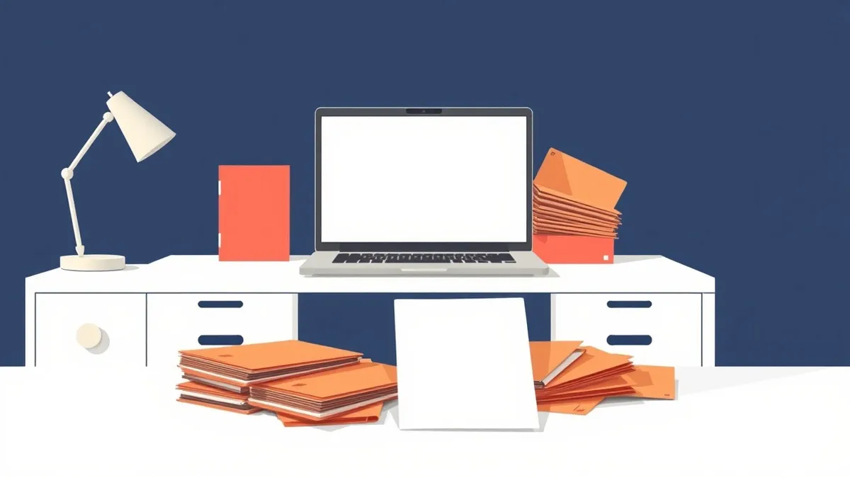Illustration: A white office desk holds a laptop displaying a blank browser window.