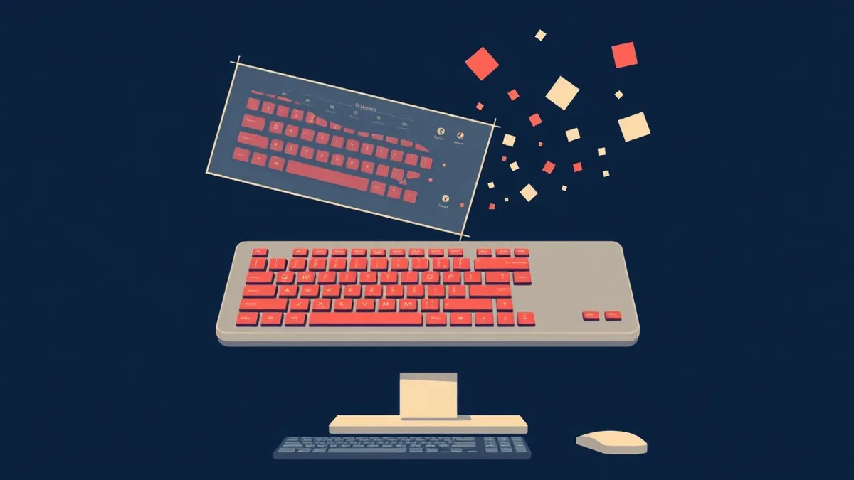 Illustration: A translucent keyboard hovers above a desktop monitor, with glowing keystrokes rising from the keys and dispersing into the air.