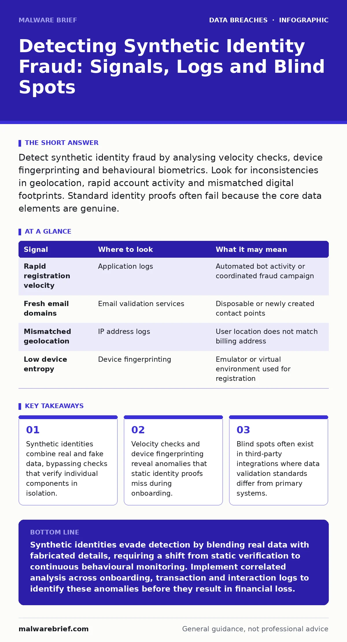 Infographic: Detecting Synthetic Identity Fraud: Signals, Logs and Blind Spots. Synthetic identities combine real and fake data, bypassing checks that verify individual components in isolation. Velocity checks and device fingerprinting reveal anomalies that static identity proofs miss during onboard