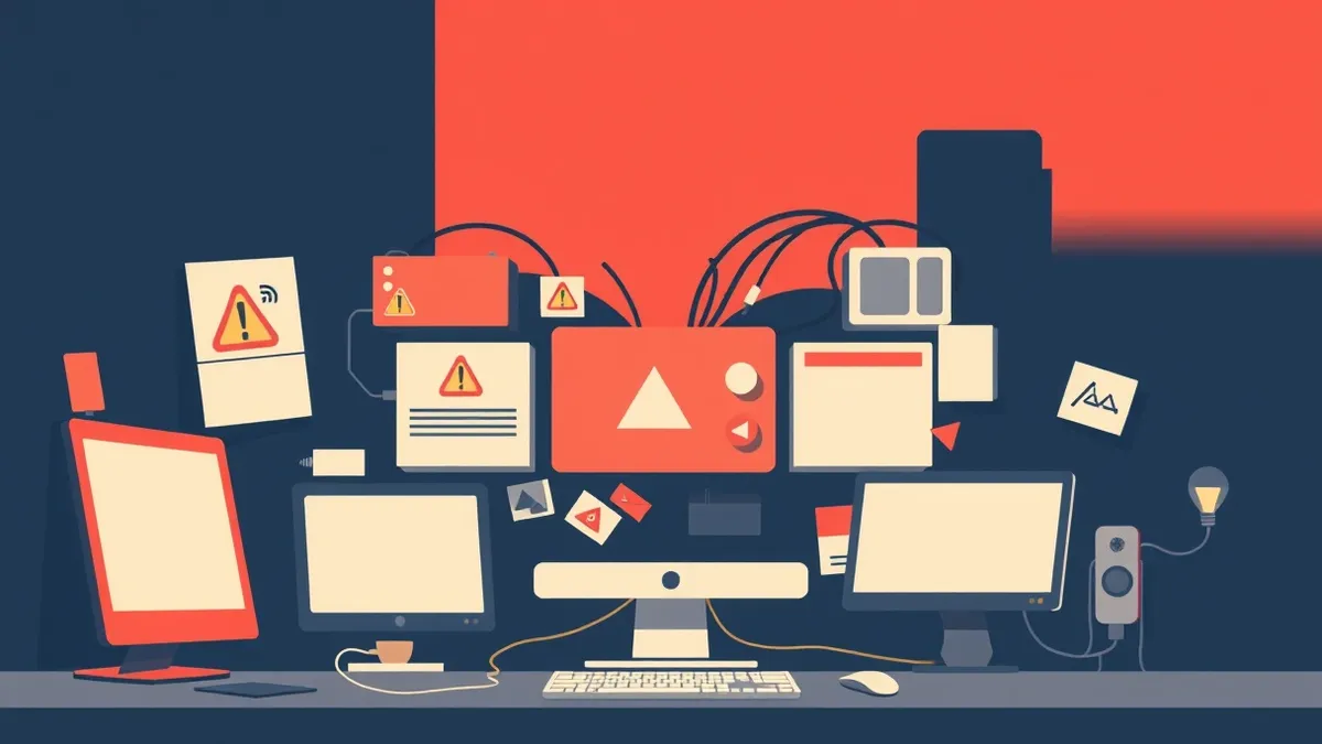 Illustration: A cluttered digital workspace features a central control panel with several disconnected and misaligned modular blocks.