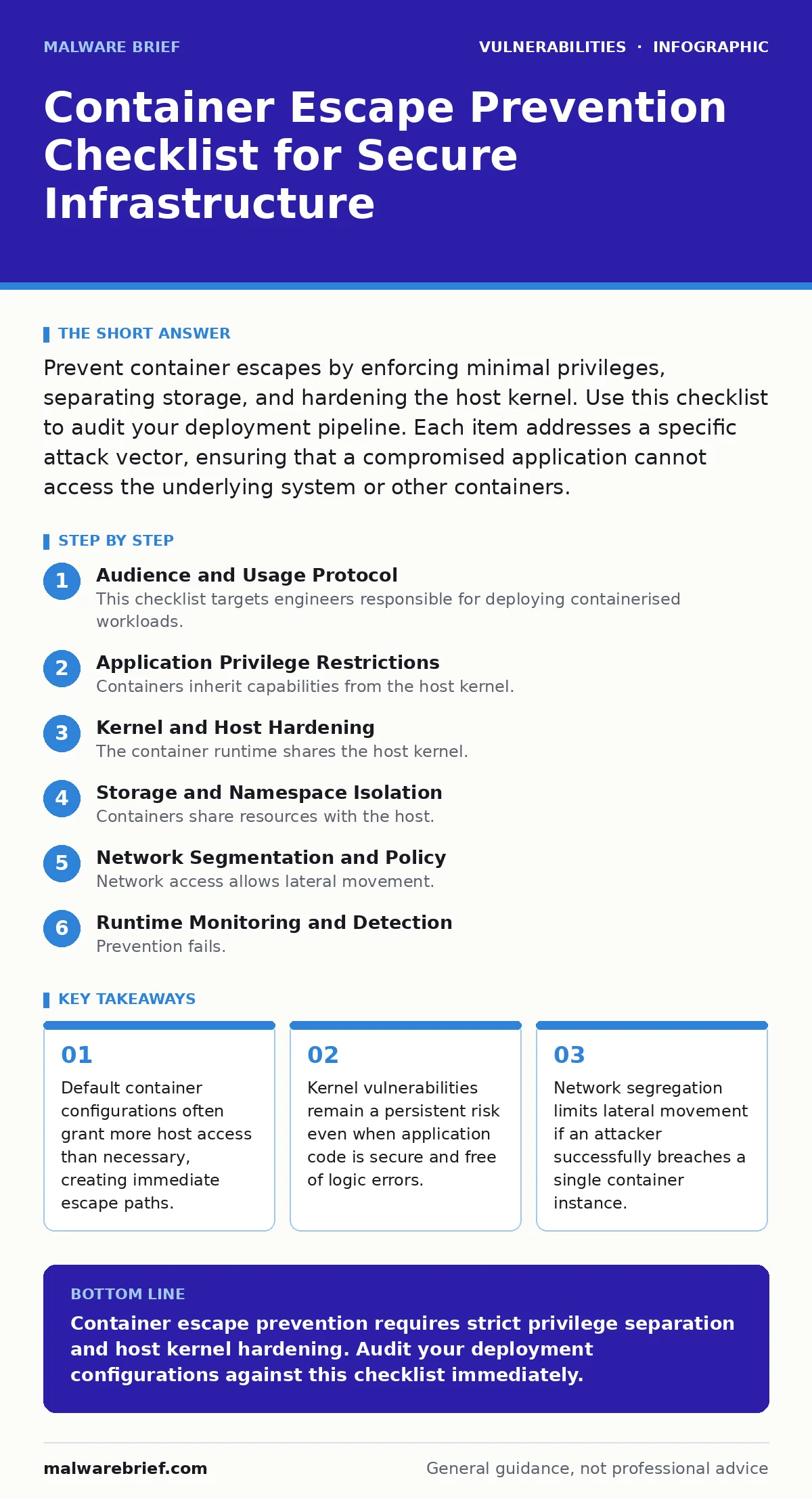Infographic: Container Escape Prevention Checklist for Secure Infrastructure. Default container configurations often grant more host access than necessary, creating immediate escape paths. Kernel vulnerabilities remain a persistent risk even when application code is secure and free of logic errors.