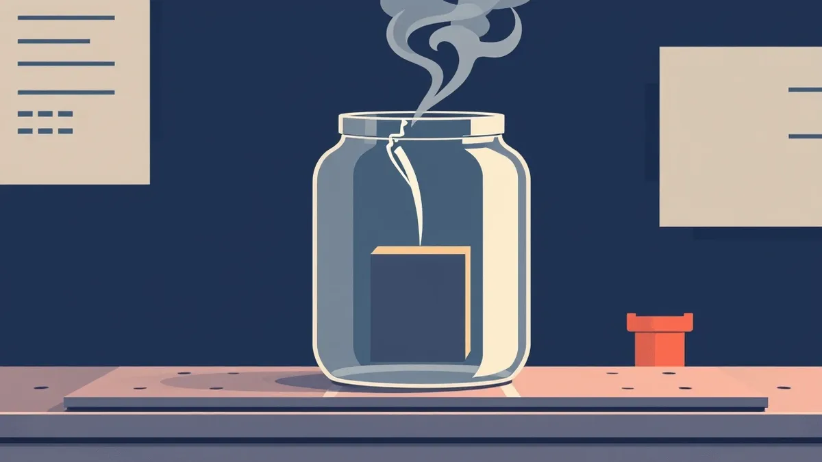 Illustration: A transparent glass jar sits on a metal workbench, enclosing a small gray cube that pushes against the inner walls.