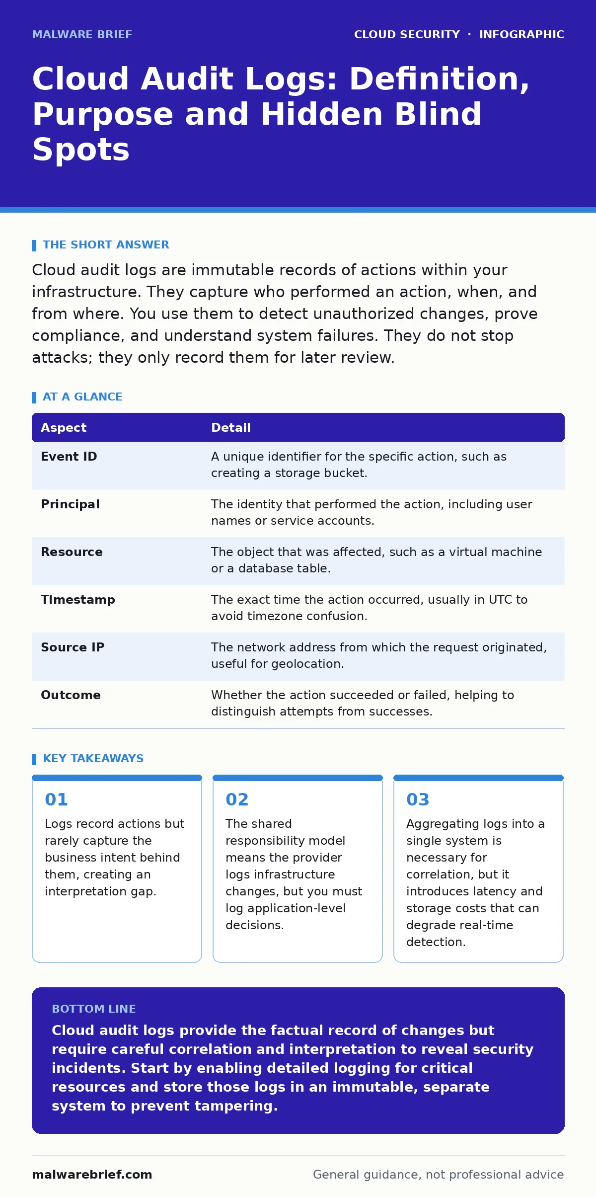 Infographic: Cloud Audit Logs: Definition, Purpose and Hidden Blind Spots. Logs record actions but rarely capture the business intent behind them, creating an interpretation gap. The shared responsibility model means the provider logs infrastructure changes, but you must log application-level decisi
