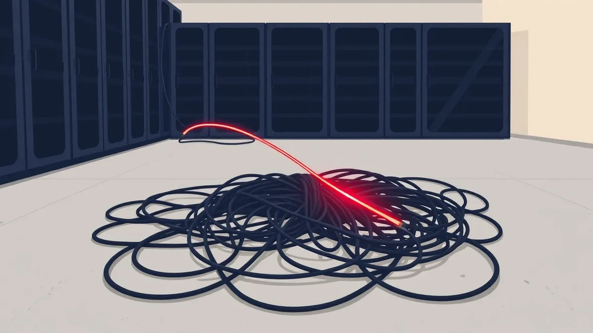 Illustration: A tangled nest of black server cables spills across a concrete floor toward a row of dark metal server blades.