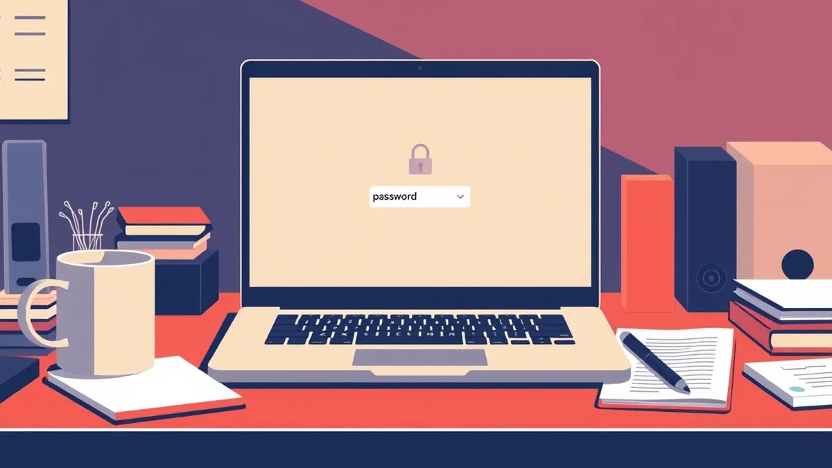 Illustration: A silver laptop sits open on a cluttered office desk, its screen displaying a simple login interface with a single cursor blinking in the password field.