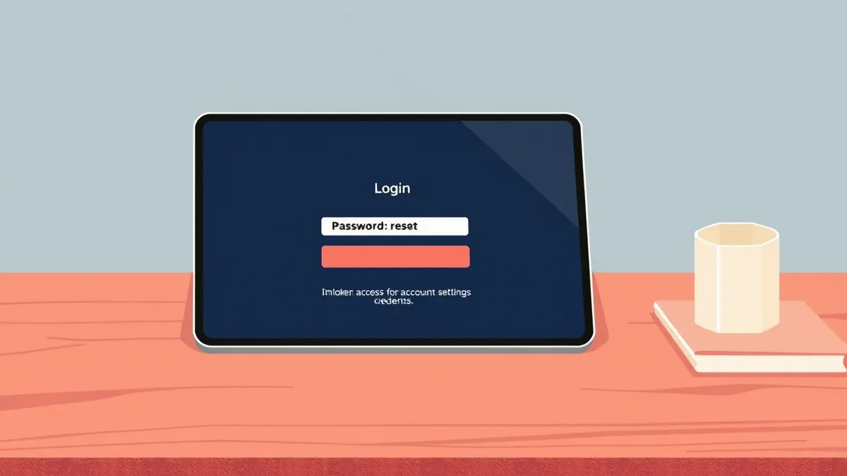 Illustration: A sleek tablet rests on a wooden desk, displaying a clean login interface with a single password reset button.