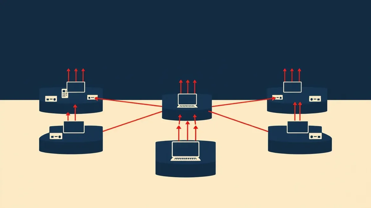 Illustration: A network diagram shows separate islands of computer nodes floating in a void.
