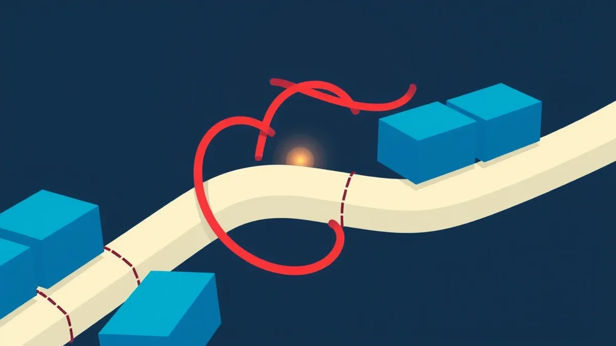 Illustration: A tangled red thread wraps around a white pipeline, breaking the smooth flow of blue blocks moving toward a target.
