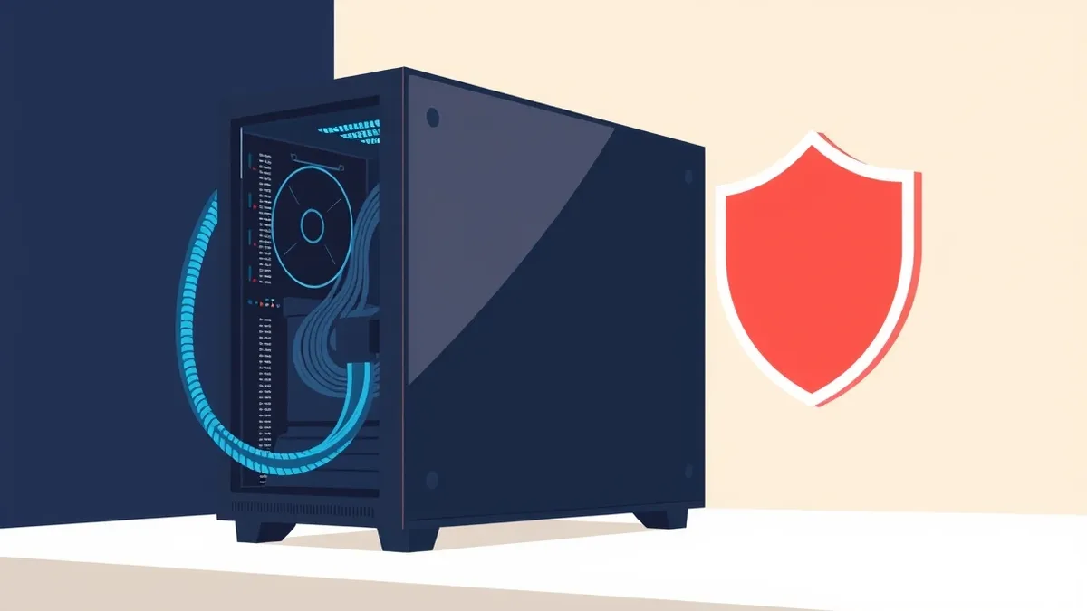 Illustration: A sleek black server tower sits on a white desk, its side panel open to reveal circuit boards.
