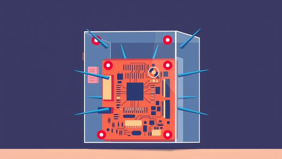 Illustration: A transparent glass box encases a glowing orange circuit board, with red warning lights flashing around its edges.