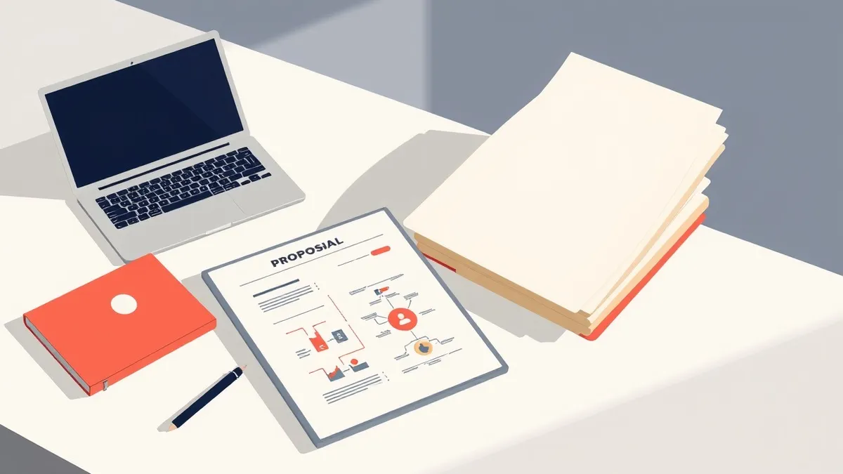 Illustration: A clean white desk holds a sleek laptop and a stack of blank proposal folders.