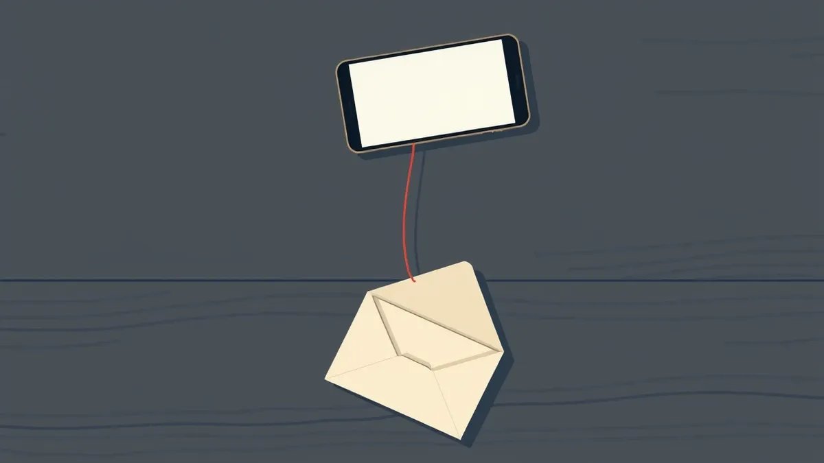 Illustration: A single smartphone rests on a wooden table next to a blank credit card.