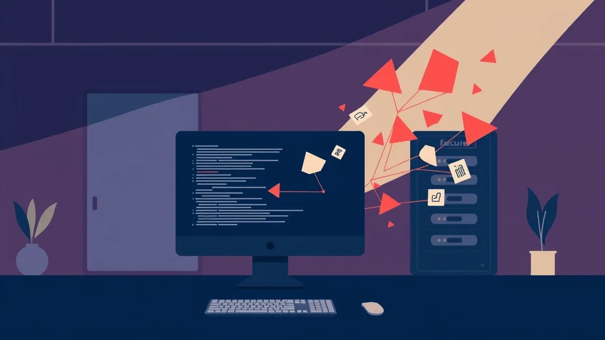 Illustration: An open-source artificial intelligence pentesting tool runs automatically on a dark, silent desktop computer in an empty office.