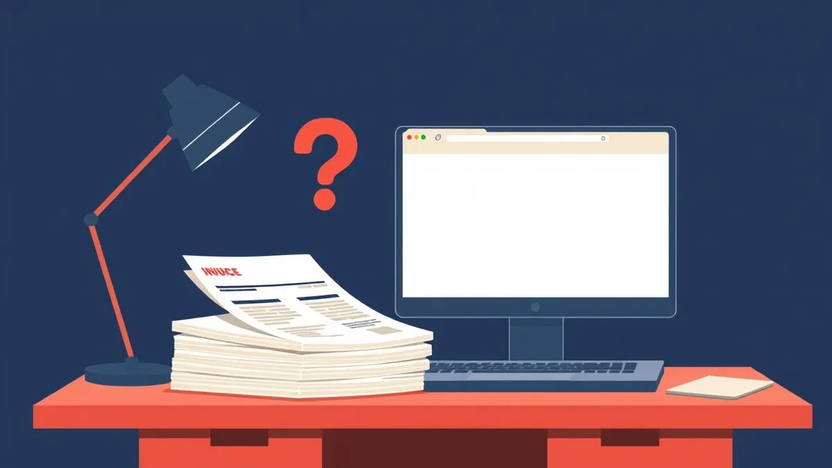 Illustration: A small office desk holds a stack of expensive printed invoices next to an open laptop displaying a blank web browser window.