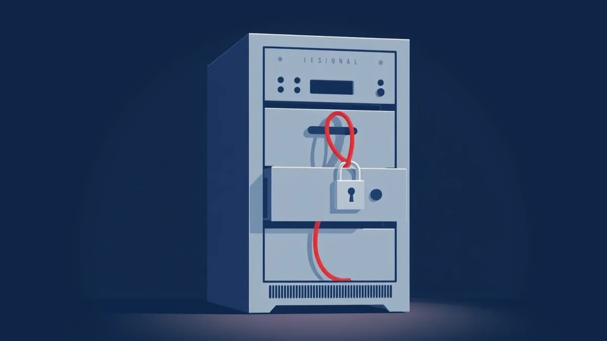 Illustration: A silver server rack stands in a dim room with one drawer pulled slightly open to reveal a glowing red cable snaking out.