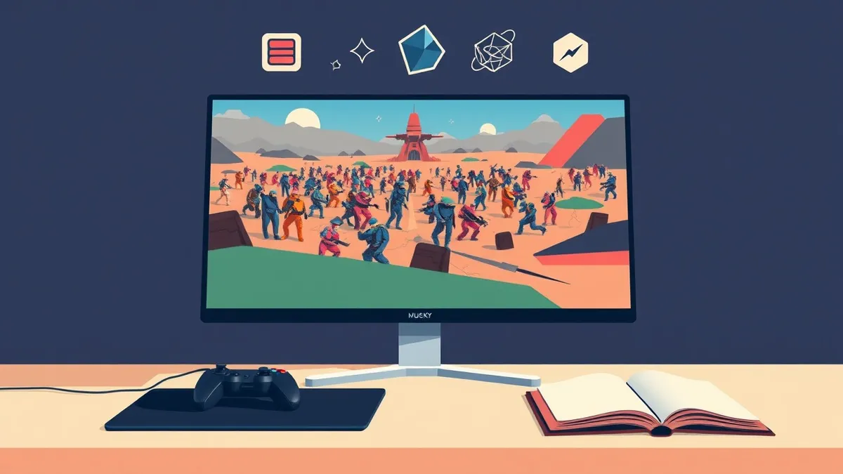 Illustration: A sleek PC gaming monitor displays a vibrant sci-fi battlefield scene with numerous colorful character models clustered together.