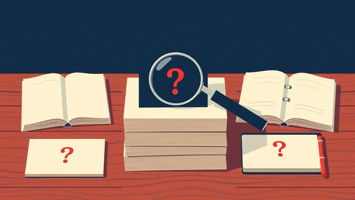 Illustration: A stack of blank index cards sits on a wooden desk, each bearing a simple question mark symbol.