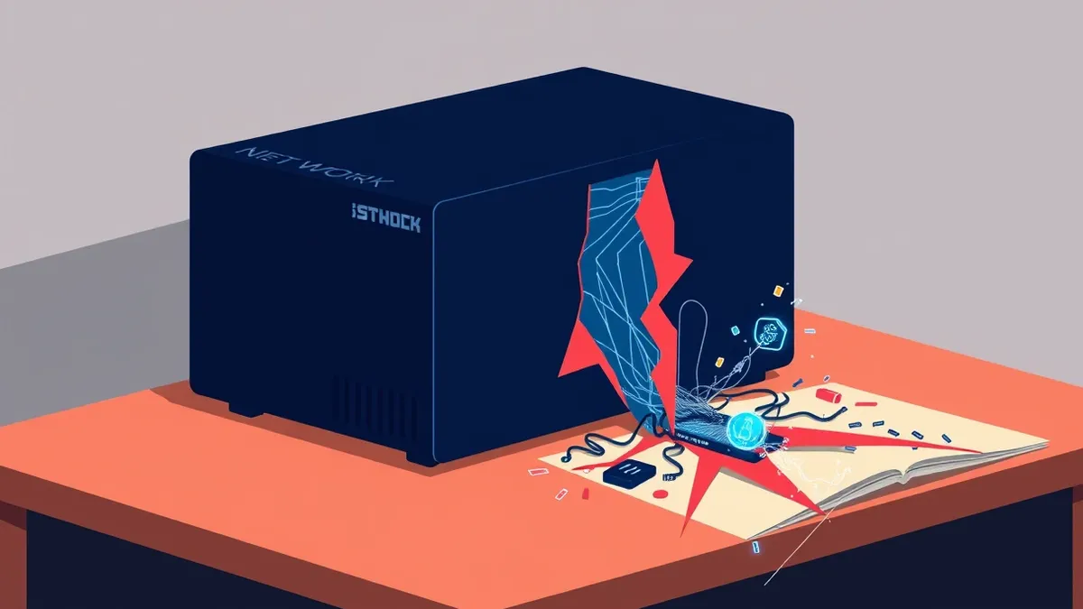 Illustration: A sleek black network storage device sits on a wooden desk, its front panel displaying abstract blue circuit patterns.