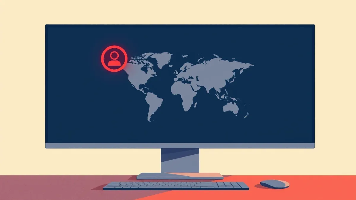 Illustration: A sleek desktop monitor displays a blank mapping interface with a subtle, ominous red glow emanating from the administrative settings gear icon in the corner, suggest