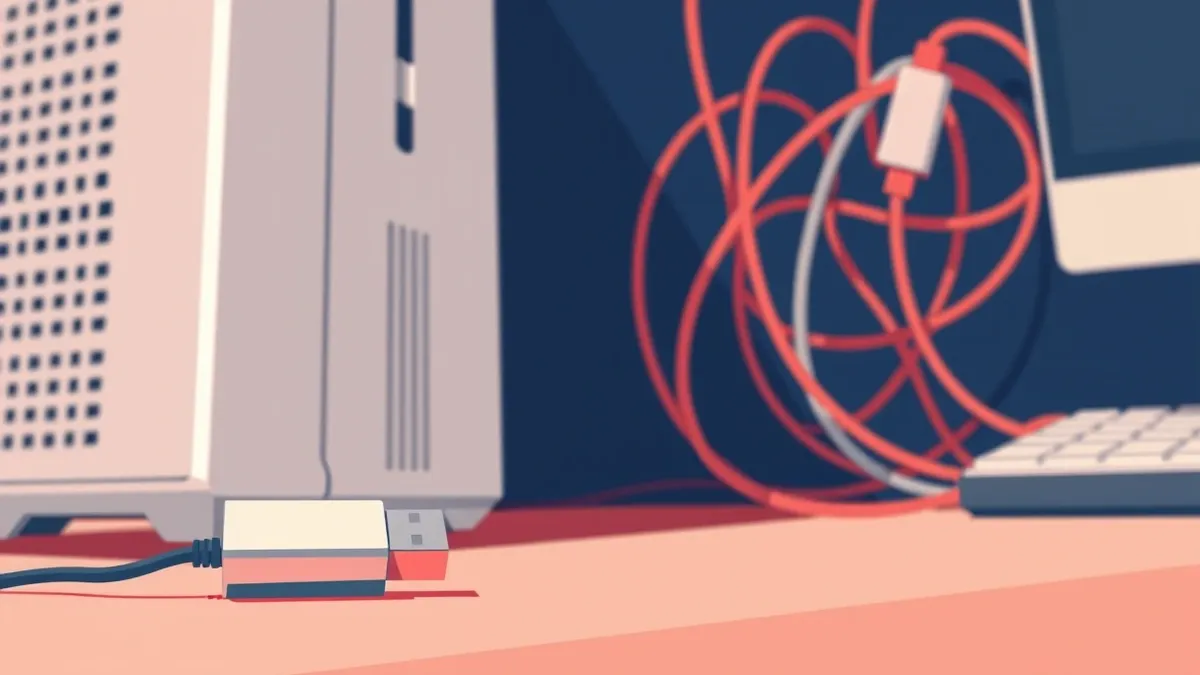 Illustration: A silver USB flash drive lies disconnected next to a white computer tower, its metal connector gleaming under a desk lamp.