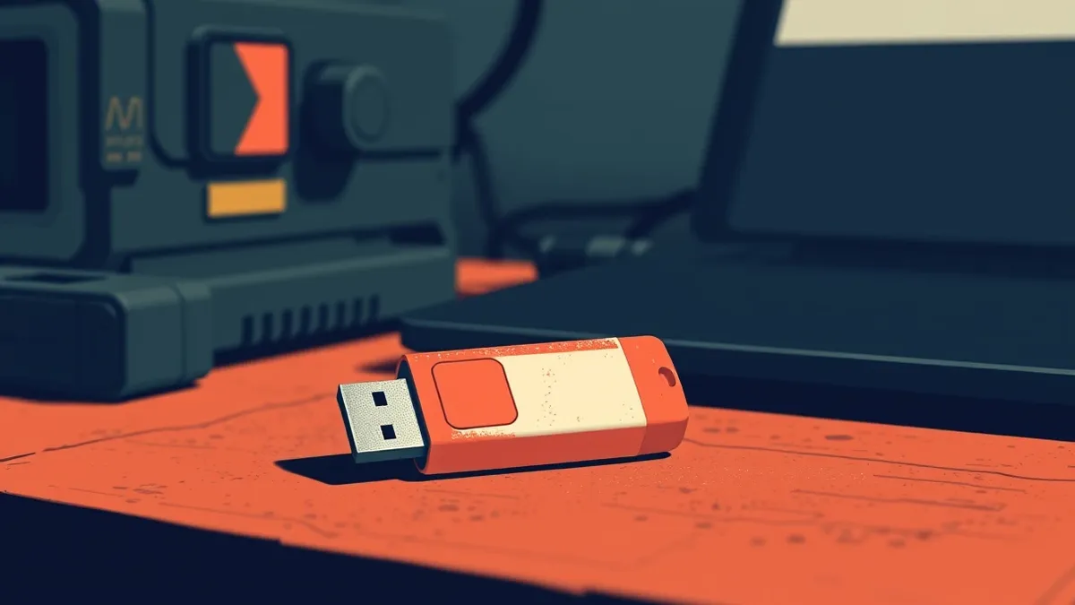 Illustration: A cheap plastic flash drive sits on a dusty military desk next to a rugged laptop.