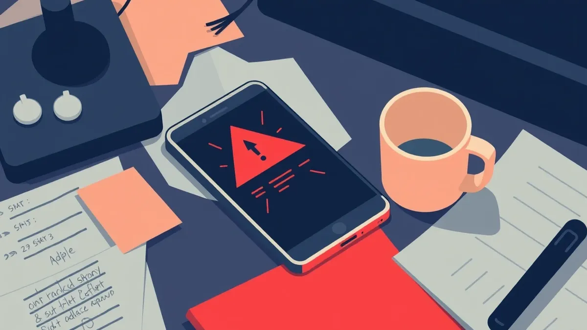 Illustration: A smartphone rests on a messy desk next to an empty coffee mug.