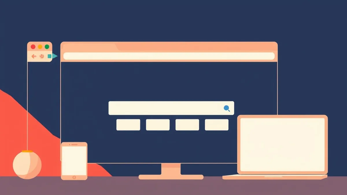 Illustration: A sleek web browser window displays a blank address bar where Cyrillic characters visually mimic Latin letters.