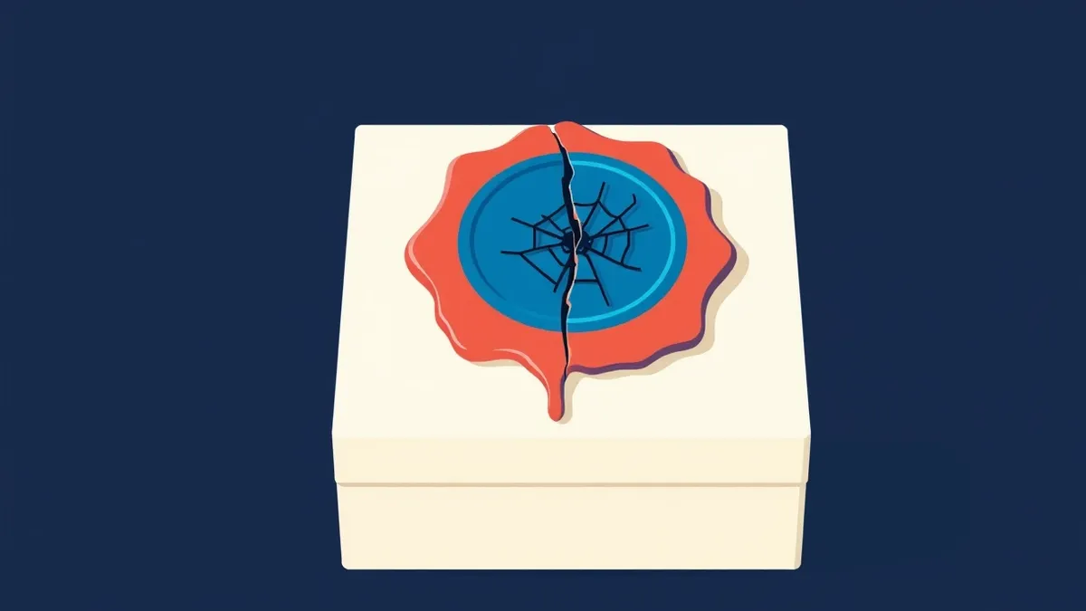 Illustration: A cracked wax seal rests on a pristine white software installer box.