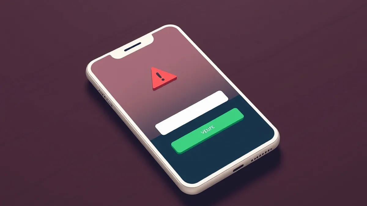 Illustration: A white smartphone rests on a dark wooden table, its screen displaying a blank login form with two empty input fields and a single green verification button.