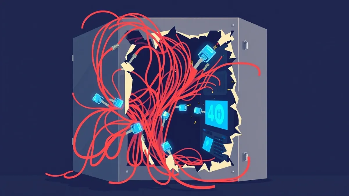 Illustration: A tangled nest of frayed ethernet cables spills from a cracked server chassis, forming a jagged, open mouth that devours glowing blue data packets.