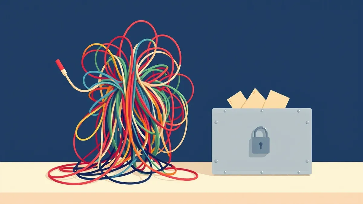 Illustration: A tangled ball of colorful wires sits beside a neat, locked steel box on a clean desk.